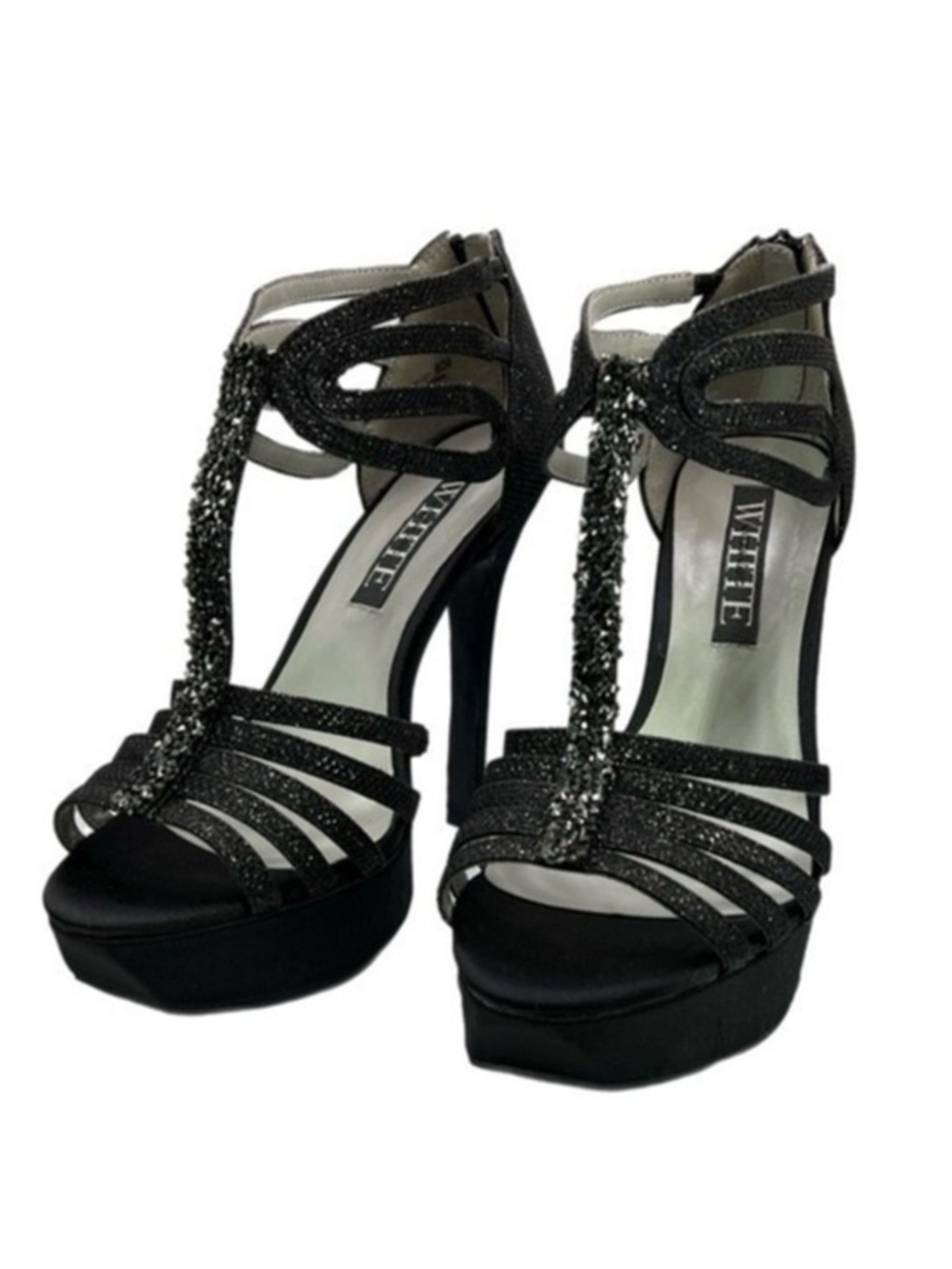 Vera Wang White | Black Caged Mebony T Strap Rhinestone Sandal Heel New In Box